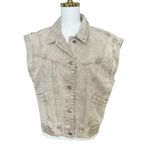 NWT Elan Joy Vest Tan Wash Button Down Denim with Pockets Sz Med - Picture 2 of 14